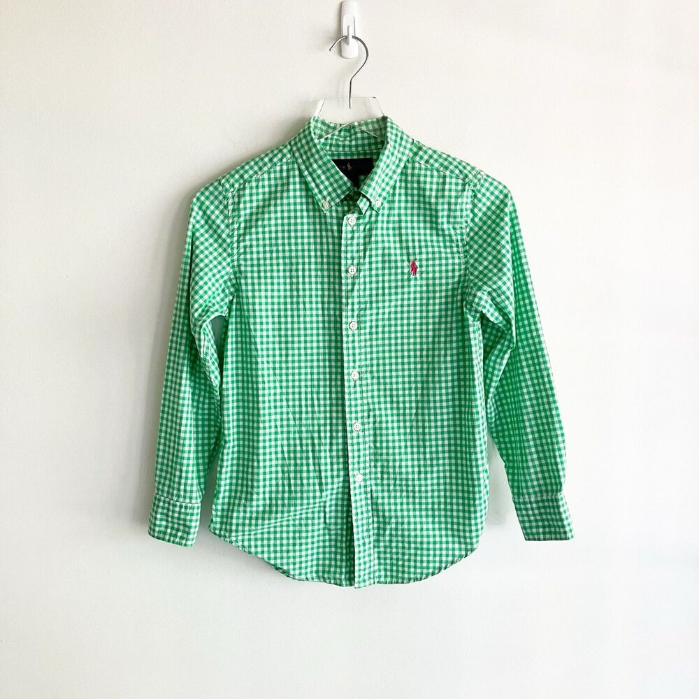 Ralph Lauren Gingham Shirt Boys Size 10-12 Green Button Down Long Sleeve Spring